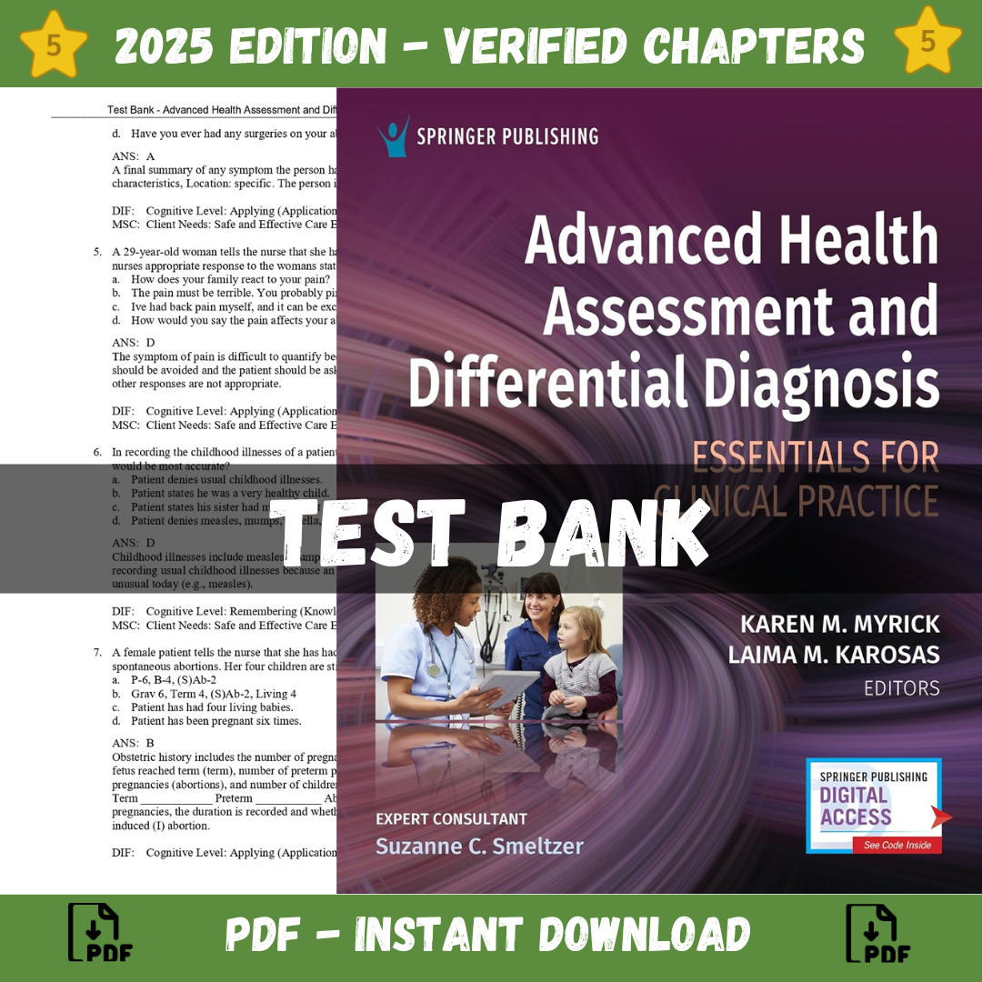 Test Bank – Advanced Health Assessment and Differential Diagnosis Essentials for Clinical Practice 1st Edition (Myrick, 2024)-Studyflax