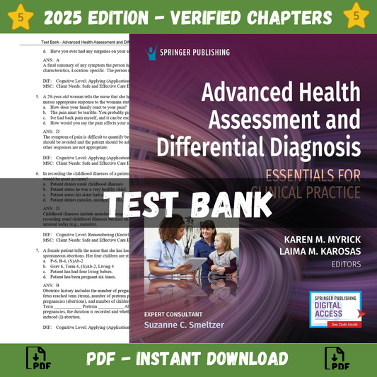 Test Bank – Advanced Health Assessment and Differential Diagnosis Essentials for Clinical Practice 1st Edition (Myrick, 2024)-Studyflax