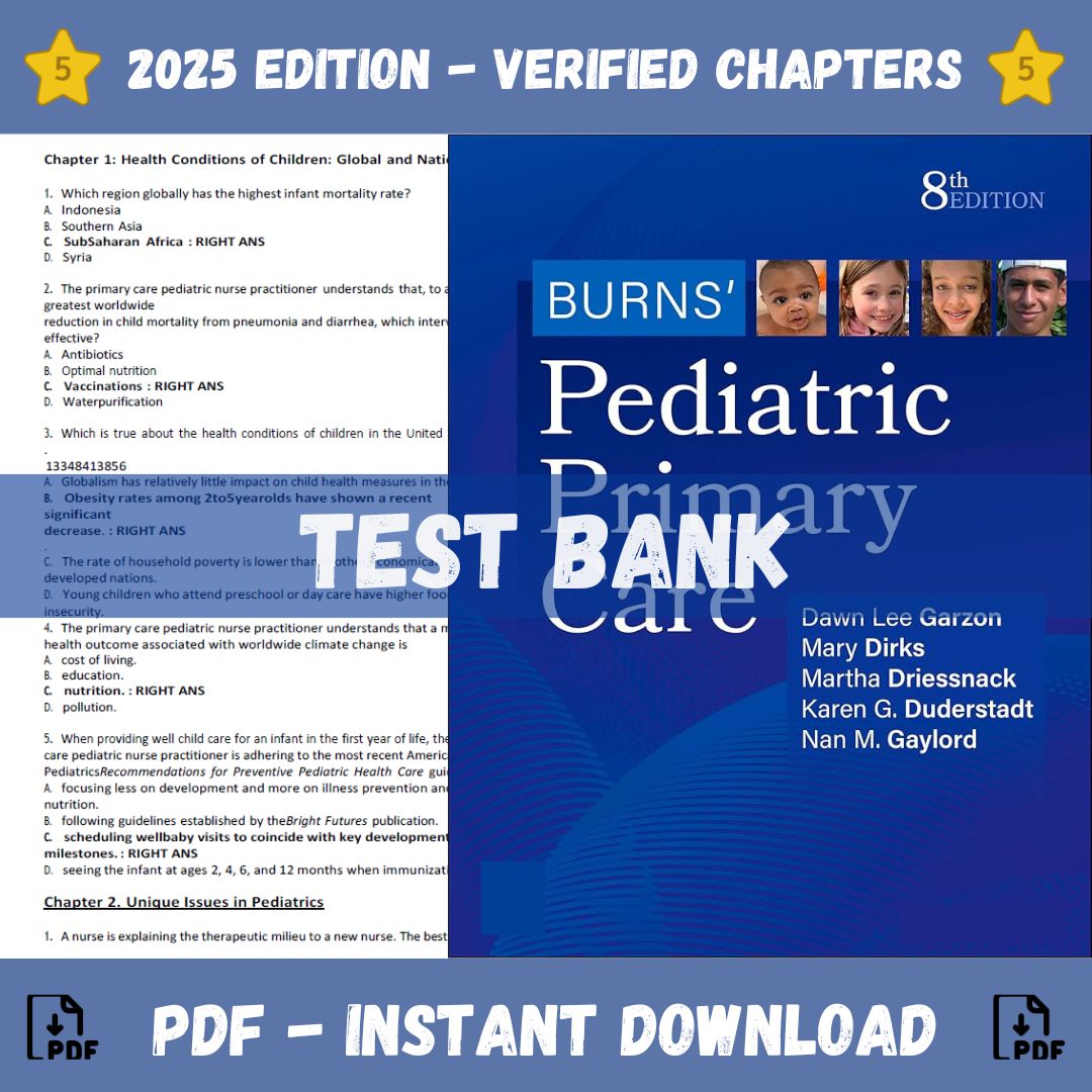 Test Bank – Burns’ Pediatric Primary Care, 8th Edition (Lee Garzon, 2024)-Studyflax