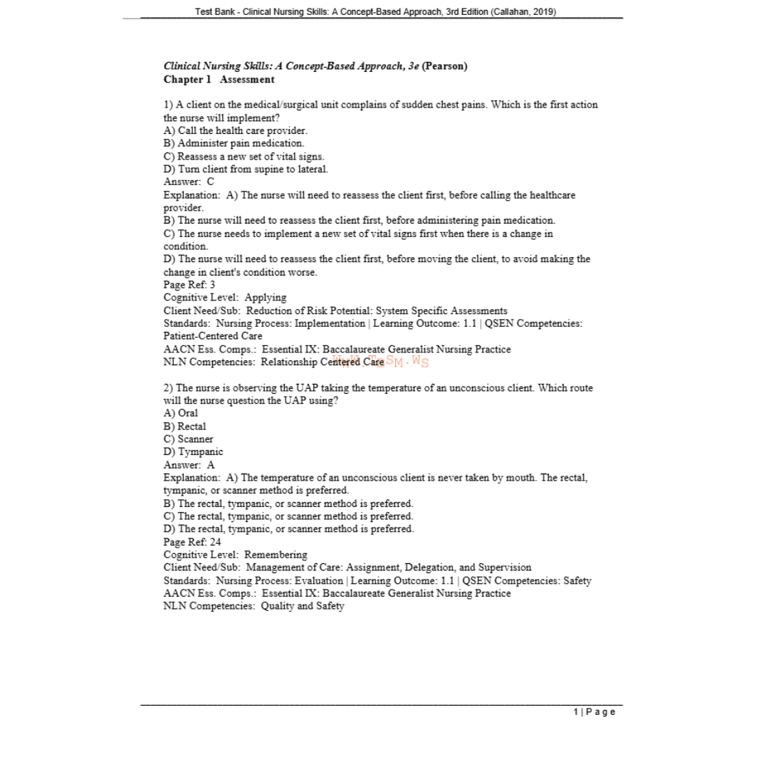 Test Bank For Clinical Nursing Skills A Concept-Based Approach, 3rd Edition By Callahan-Studyflax