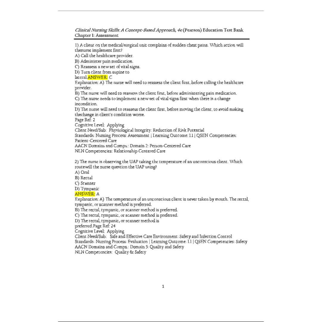 Test Bank For Clinical Nursing Skills A Concept-Based Approach, Volume 3 4th Edition By Callahan-Studyflax