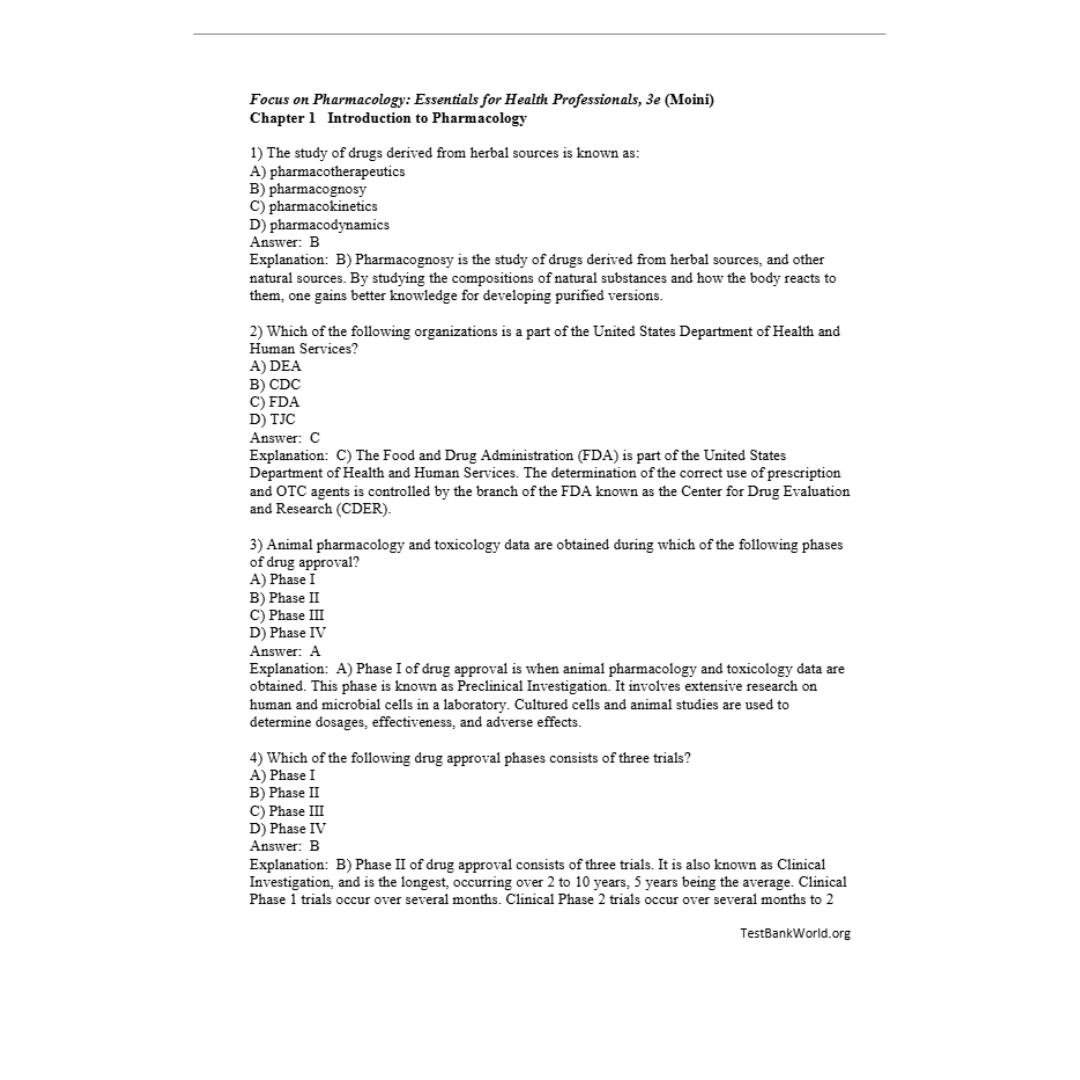 Test Bank For Focus on Pharmacology Essentials for Health Professionals 3rd Edition By Moini-Studyflax
