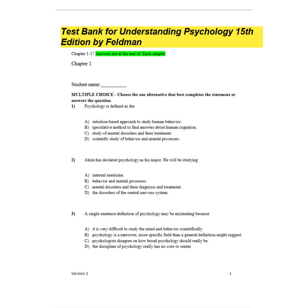 Test Bank For Understanding Psychology 15th Edition By Feldman-Studyflax