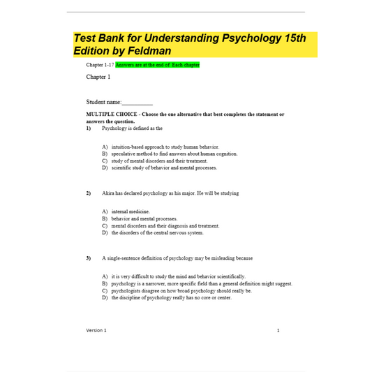 Test Bank For Understanding Psychology 15th Edition By Feldman-Studyflax