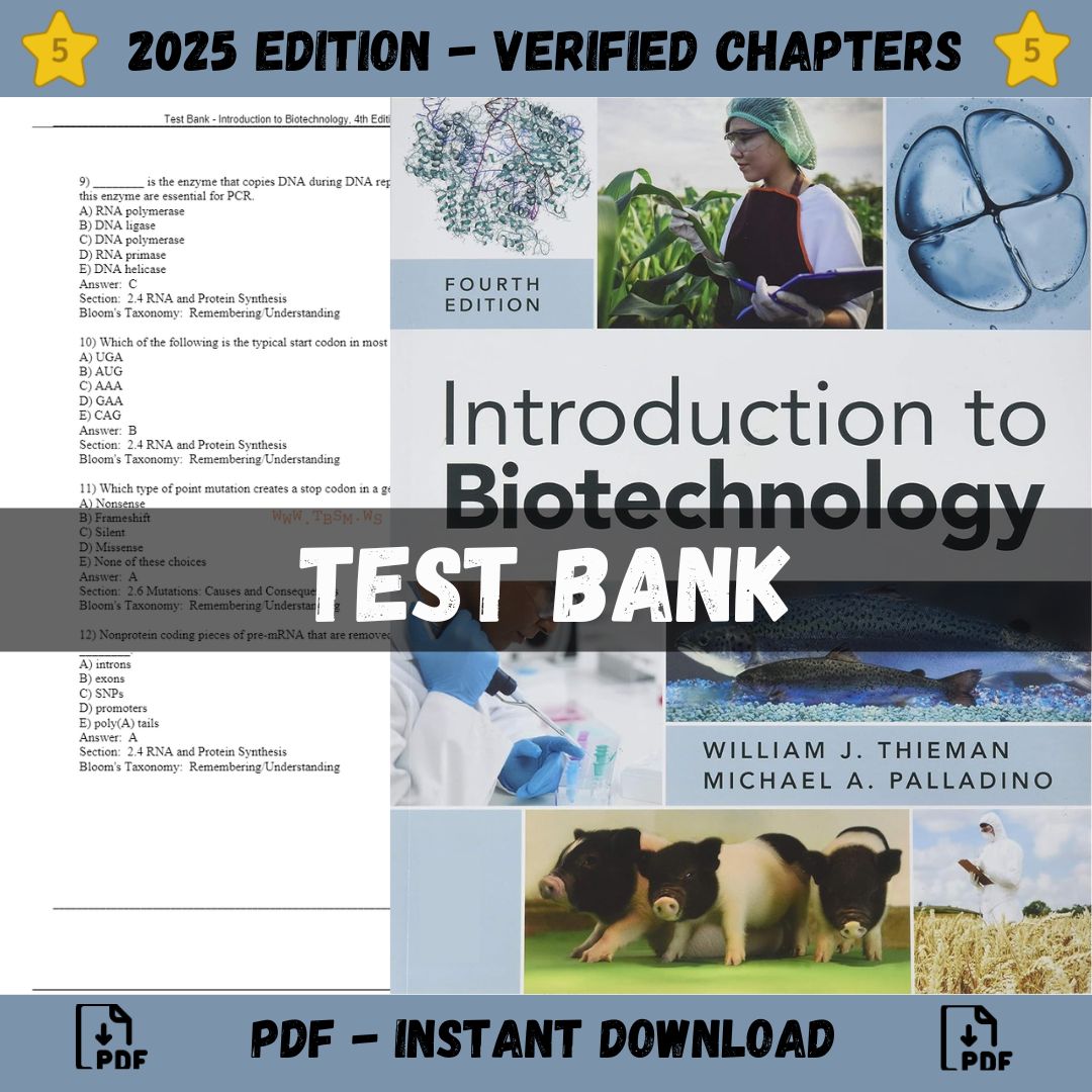 Test Bank – Introduction to Biotechnology, 4th Edition (Thieman, 2019)-Studyflax