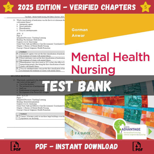 Test Bank – Mental Health Nursing, 6th Edition (Gorman, 2023)-Studyflax