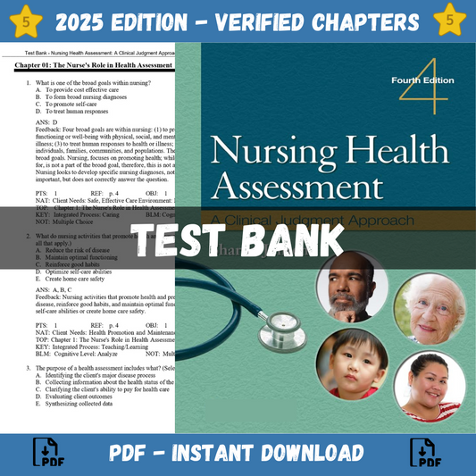 Test Bank – Nursing Health Assessment A Clinical Judgment Approach, 4th Edition (Jensen, 2023)-Studyflax