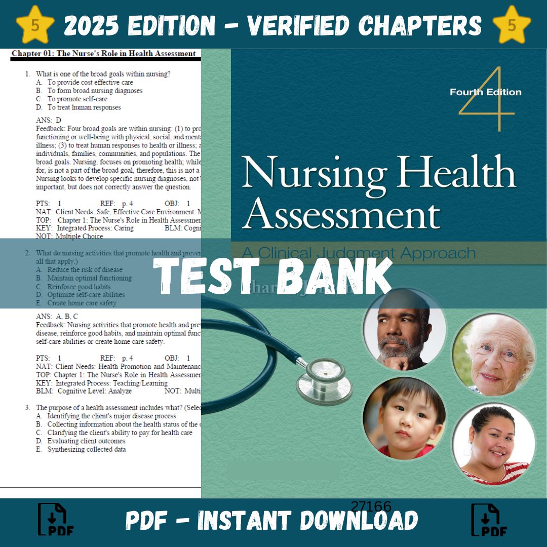 Test Bank Nursing Health Assessment A Clinical Judgment Approach, 4th Edition-Studyflax
