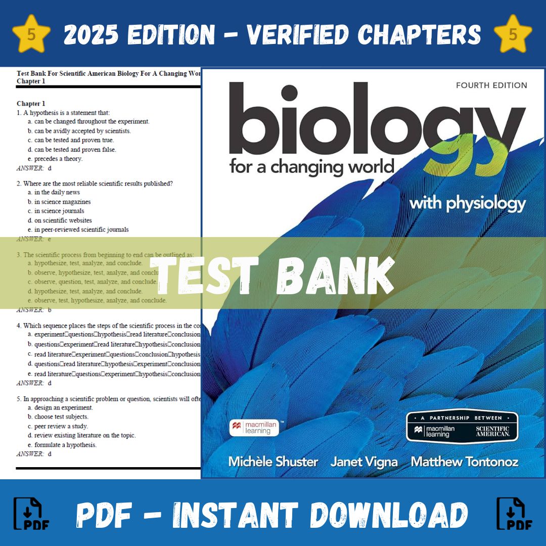Test Bank – Scientific American Biology for a Changing World with Physiology, 4th Edition (Michele Shuster, 2021)-Studyflax