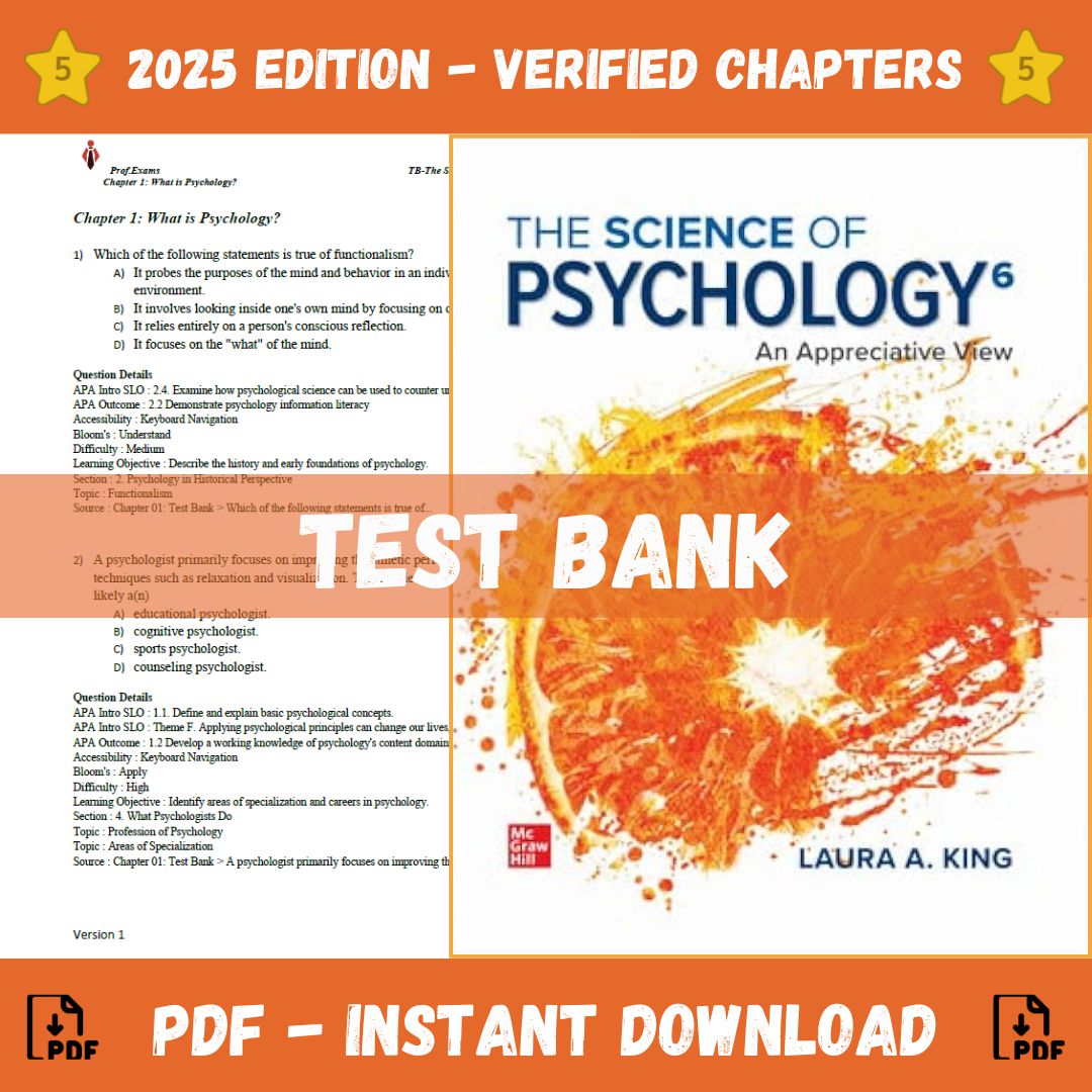 Test Bank – The Science of Psychology: An Appreciative View, 6th Edition (Laura A. King, 2023)-Studyflax