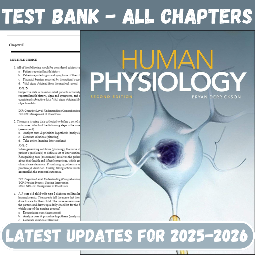 Test Bank for Human Physiology, 2nd Edition by Derrickson-Studyflax