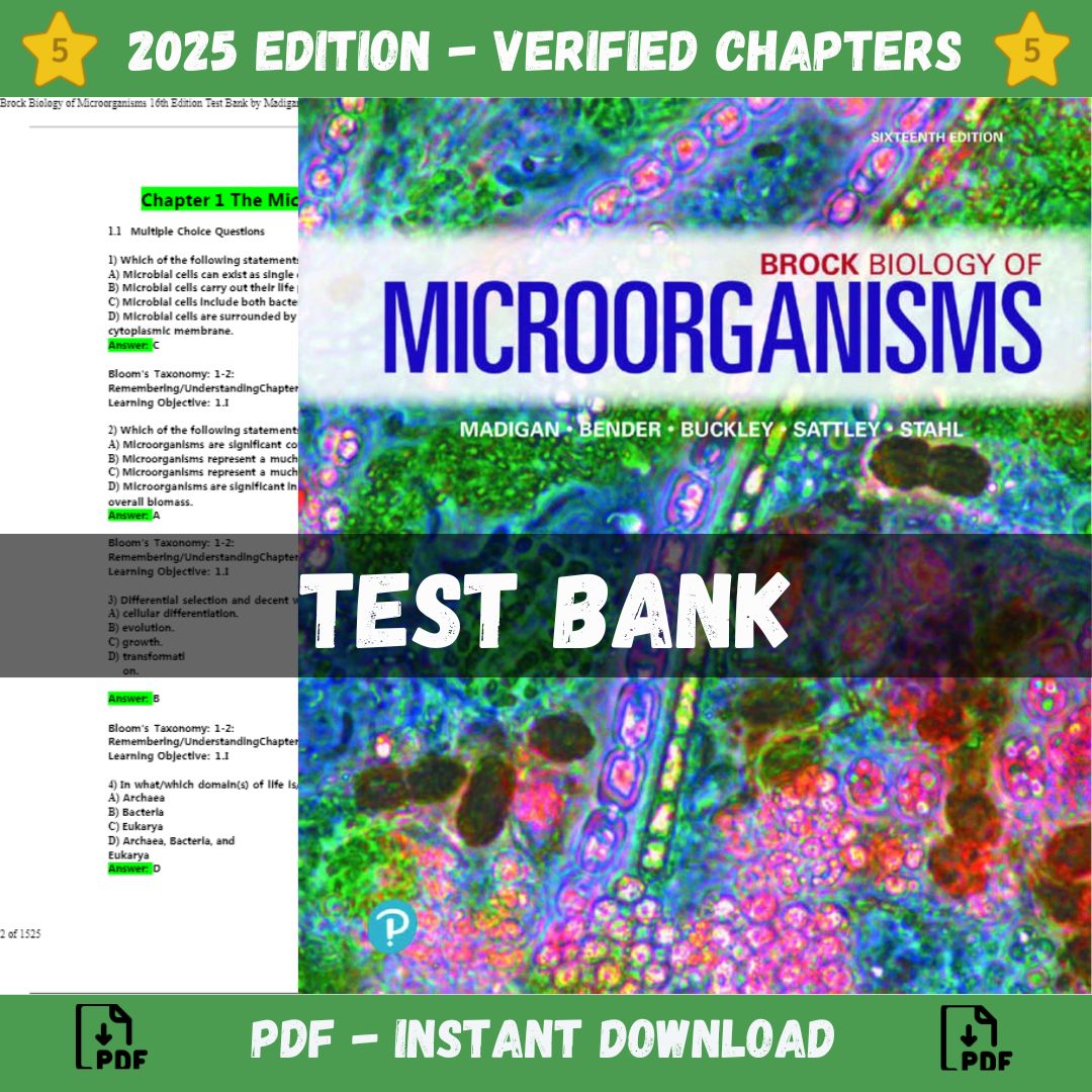 Test bank – Brock Biology of Microorganisms 16th Edition (Madigan, 2021)-Studyflax
