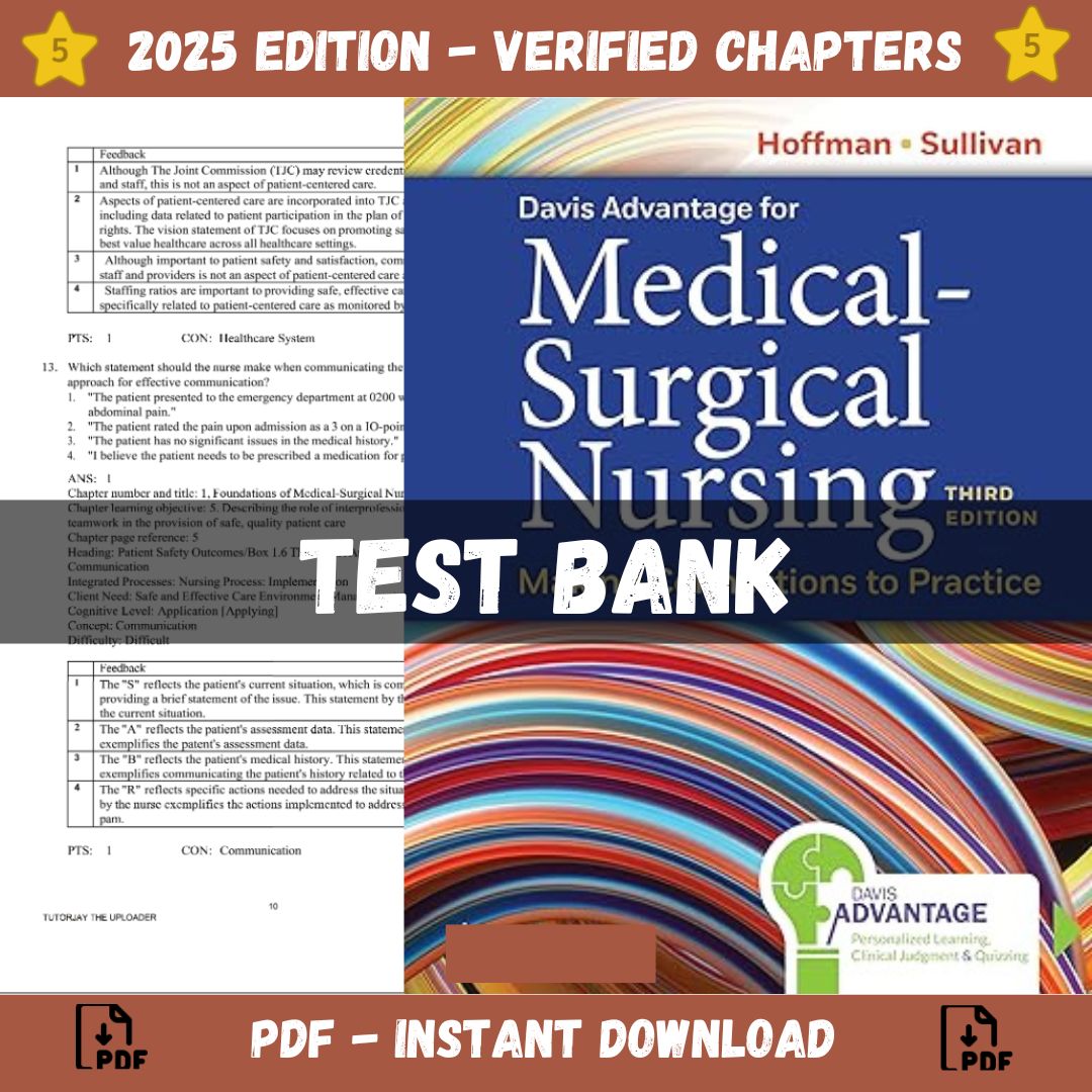 Test bank – Davis Advantage for Medical-Surgical Nursing Making Connections to Practice, 3rd Edition (Sullivan Hofman, 2023)-Studyflax