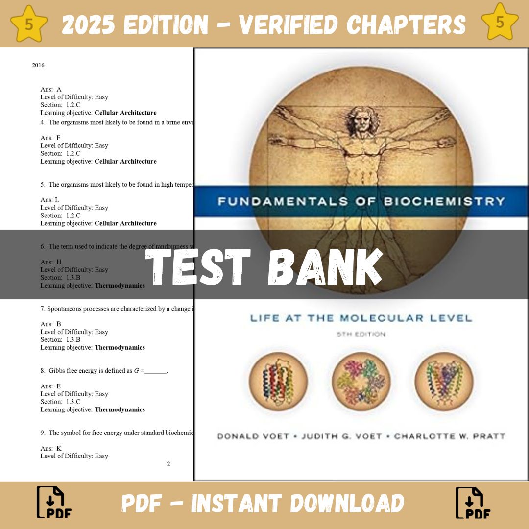 Test bank – Fundamentals of Biochemistry: Life at the Molecular Level, 5th Edition (Donald Voet, 2023)-Studyflax