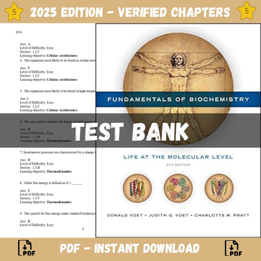 Test bank – Fundamentals of Biochemistry: Life at the Molecular Level, 5th Edition (Donald Voet, 2023)-Studyflax