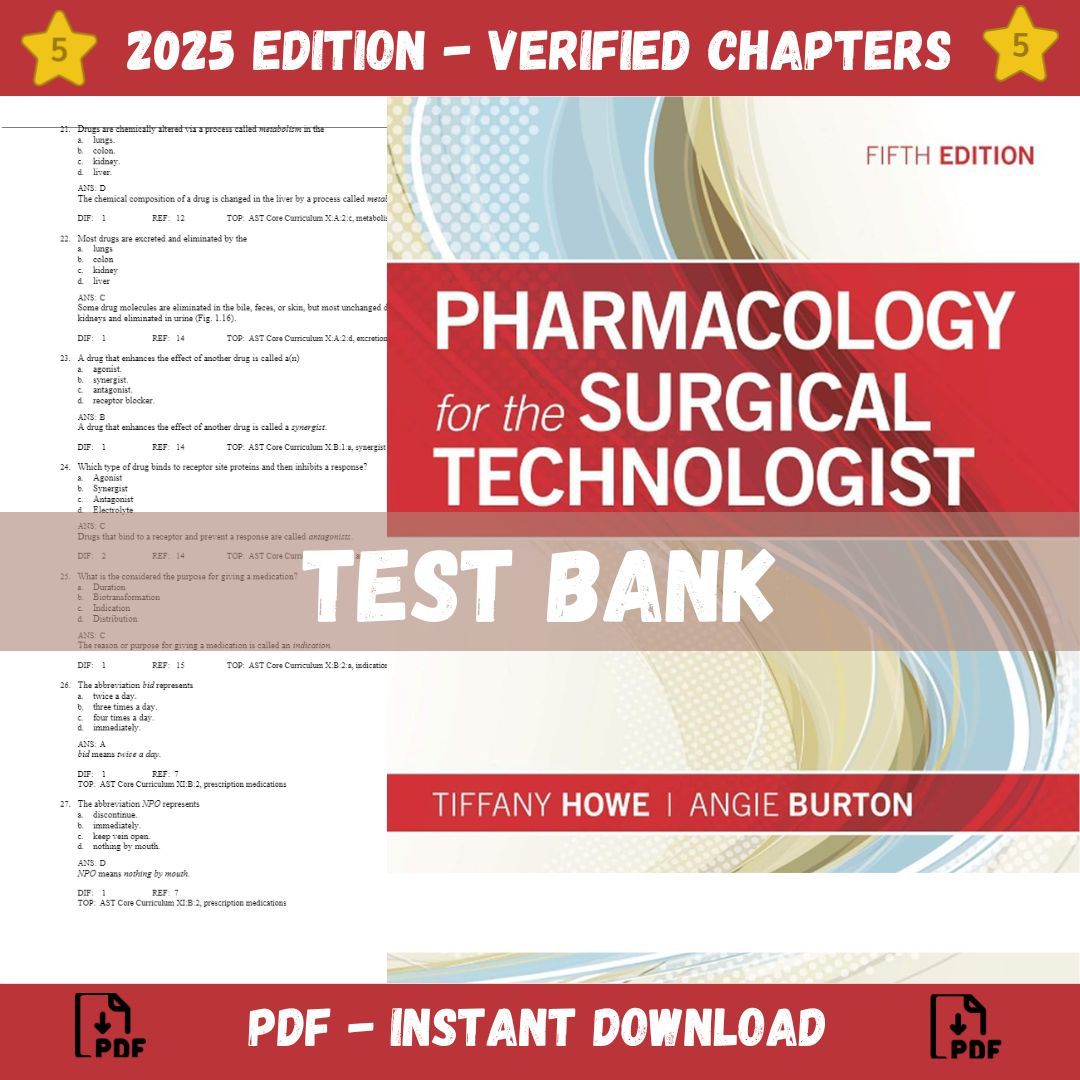 Test bank – Pharmacology for the Surgical Technologist 5th Edition (Howe, 2020)-Studyflax