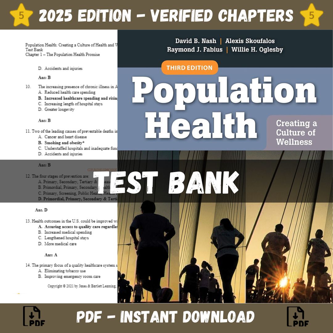 Test bank – Population Health Creating a Culture of Wellness 3rd Edition (Fabius, 2020)-Studyflax