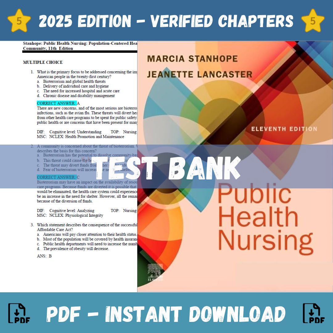 Test bank – Public health nursing: Population-Centered Health Care in the Community, 11th edition (Stanhope, 2024)-Studyflax